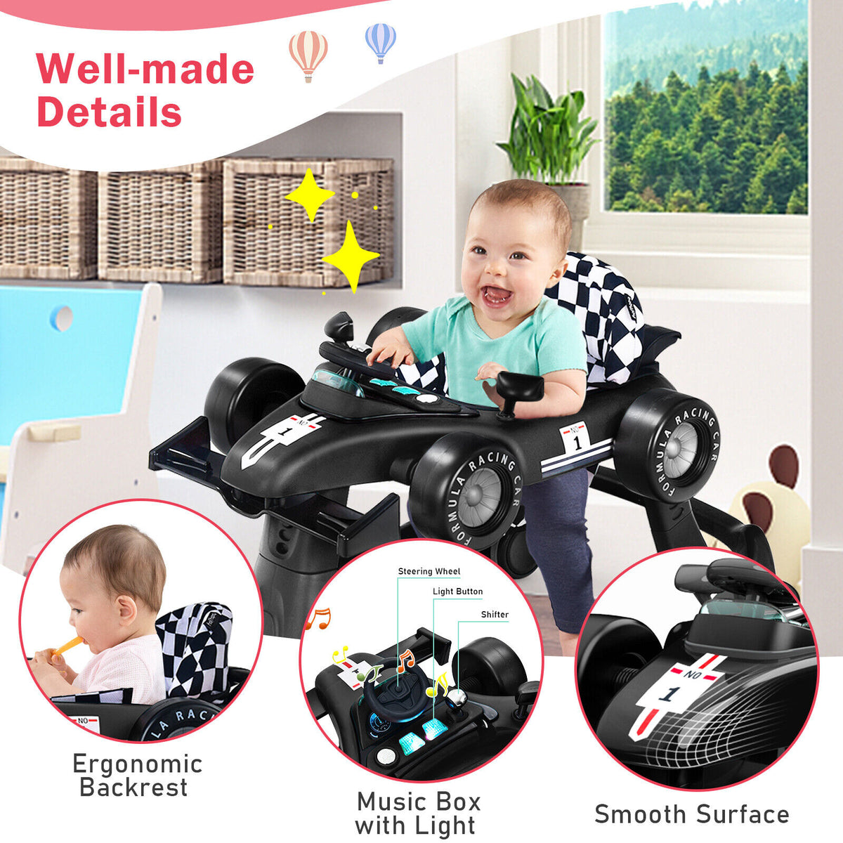 4-in-1 Baby Push Walker with Adjustable Height & Music - Black