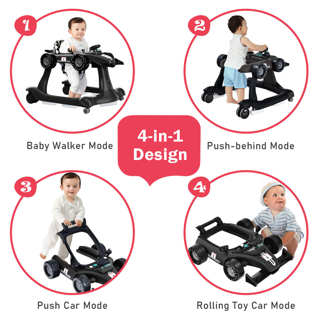 4-in-1 Baby Push Walker with Adjustable Height & Music - Black