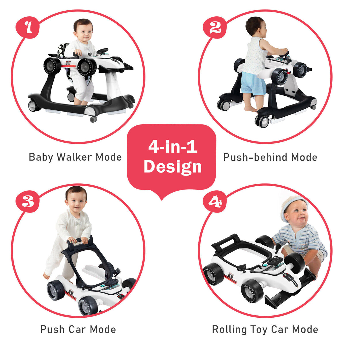 4-in-1 Baby Push Walker with Adjustable Height - White, Foldable Toddler Activity Walker