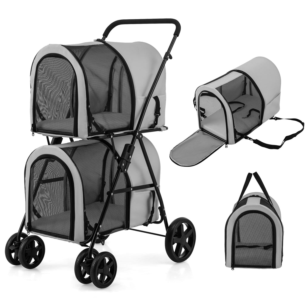 Costway 4-in-1 Double Pet Stroller with Detachable Carrier Gray - Travel Carriage
