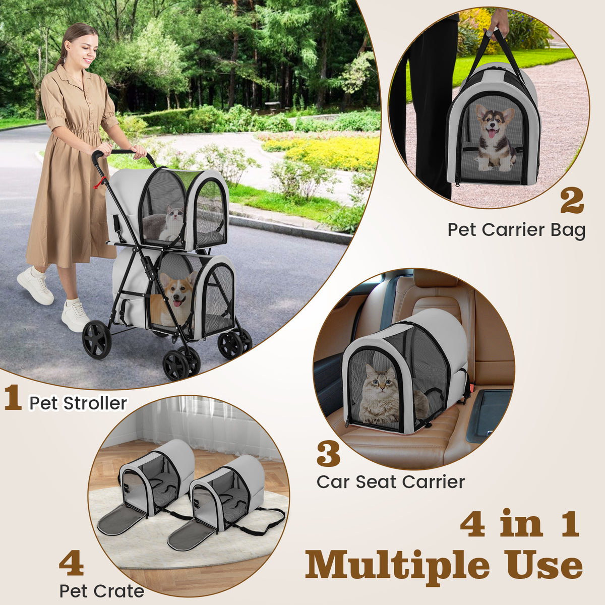 Costway 4-in-1 Double Pet Stroller with Detachable Carrier Gray - Travel Carriage
