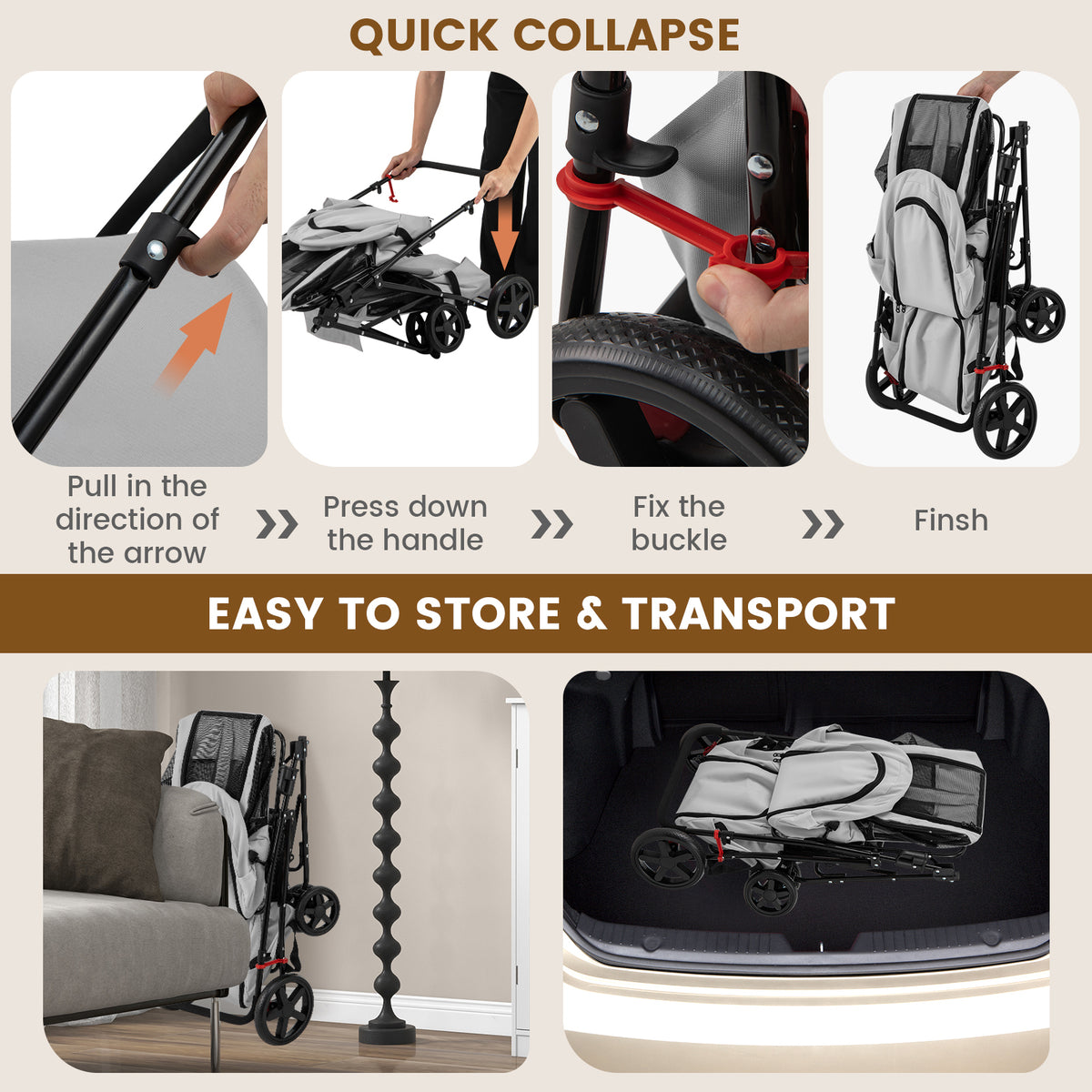 Costway 4-in-1 Double Pet Stroller with Detachable Carrier Gray - Travel Carriage
