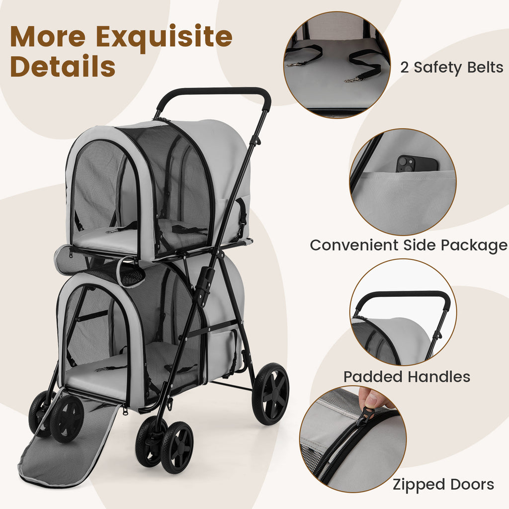 Costway 4-in-1 Double Pet Stroller with Detachable Carrier Gray - Travel Carriage