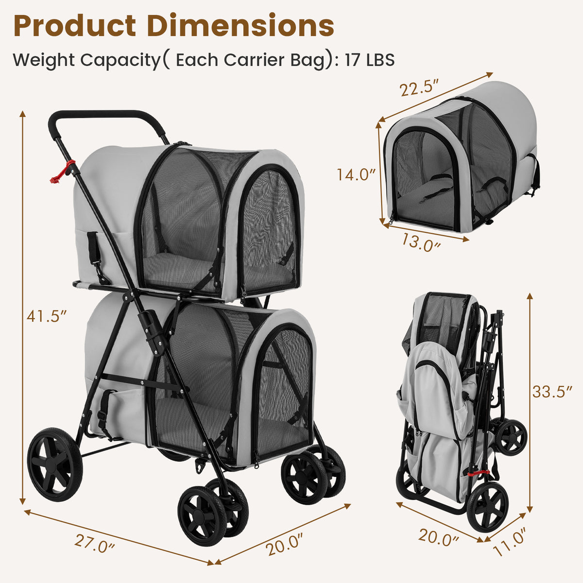 Costway 4-in-1 Double Pet Stroller with Detachable Carrier Gray - Travel Carriage