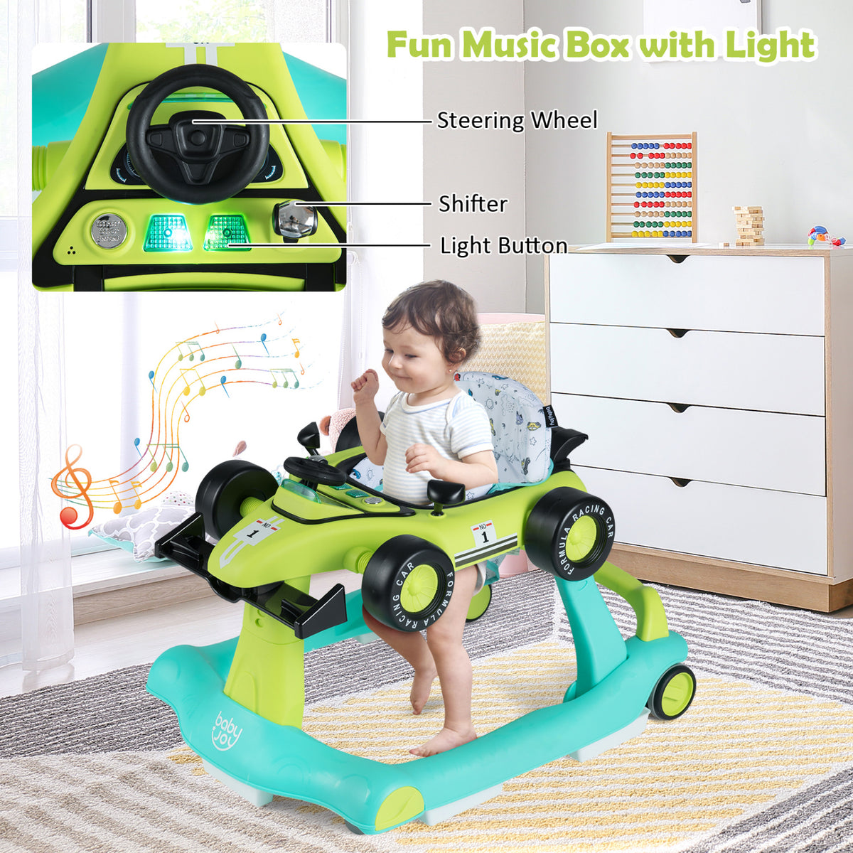 4-in-1 Baby Push Walker with Adjustable Height & Foldable Design - Green