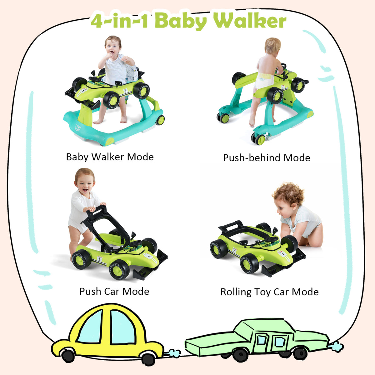 4-in-1 Baby Push Walker with Adjustable Height & Foldable Design - Green