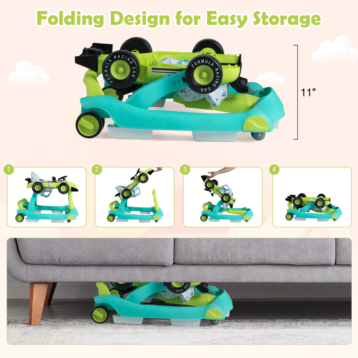 4-in-1 Baby Push Walker with Adjustable Height & Foldable Design - Green