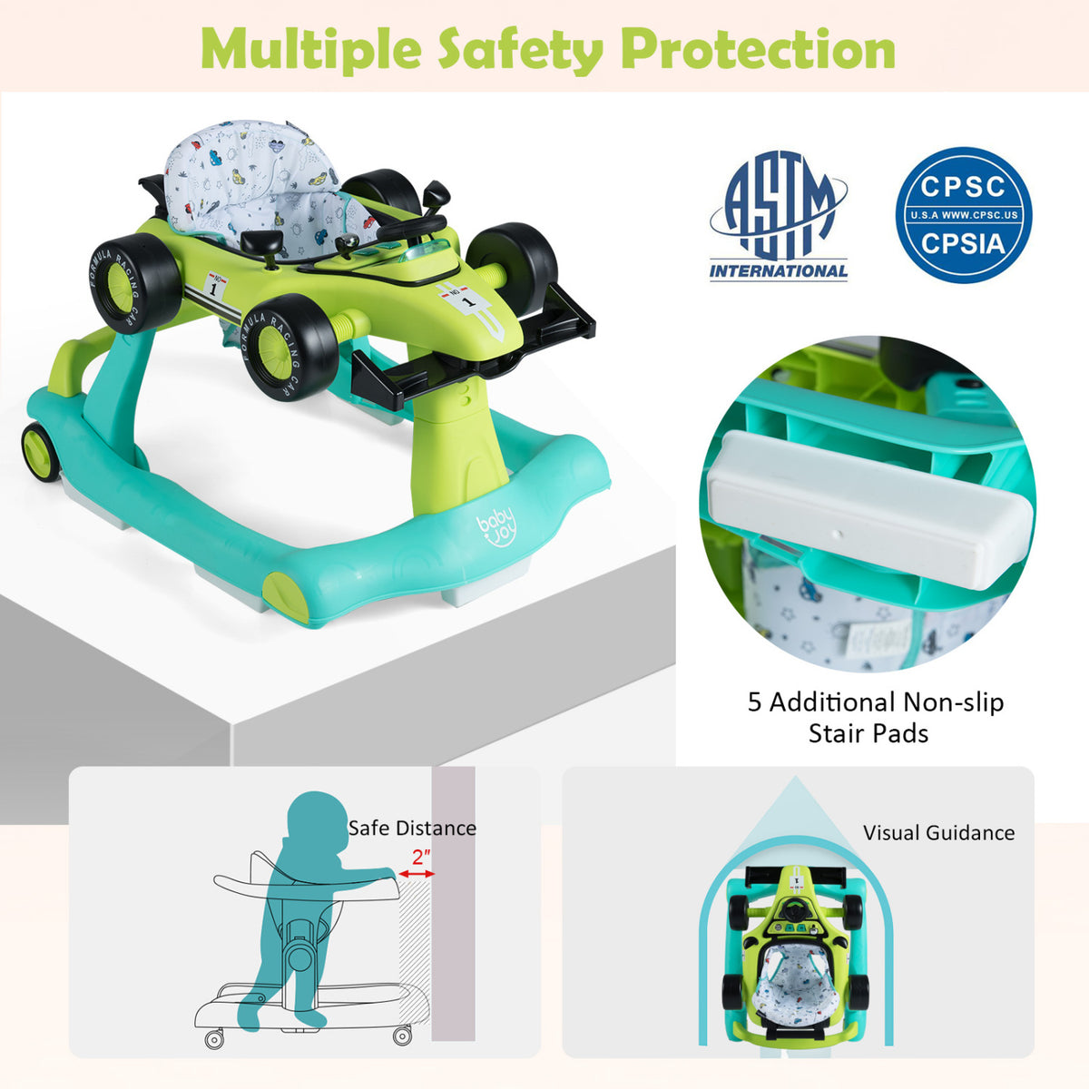 4-in-1 Baby Push Walker with Adjustable Height & Foldable Design - Green