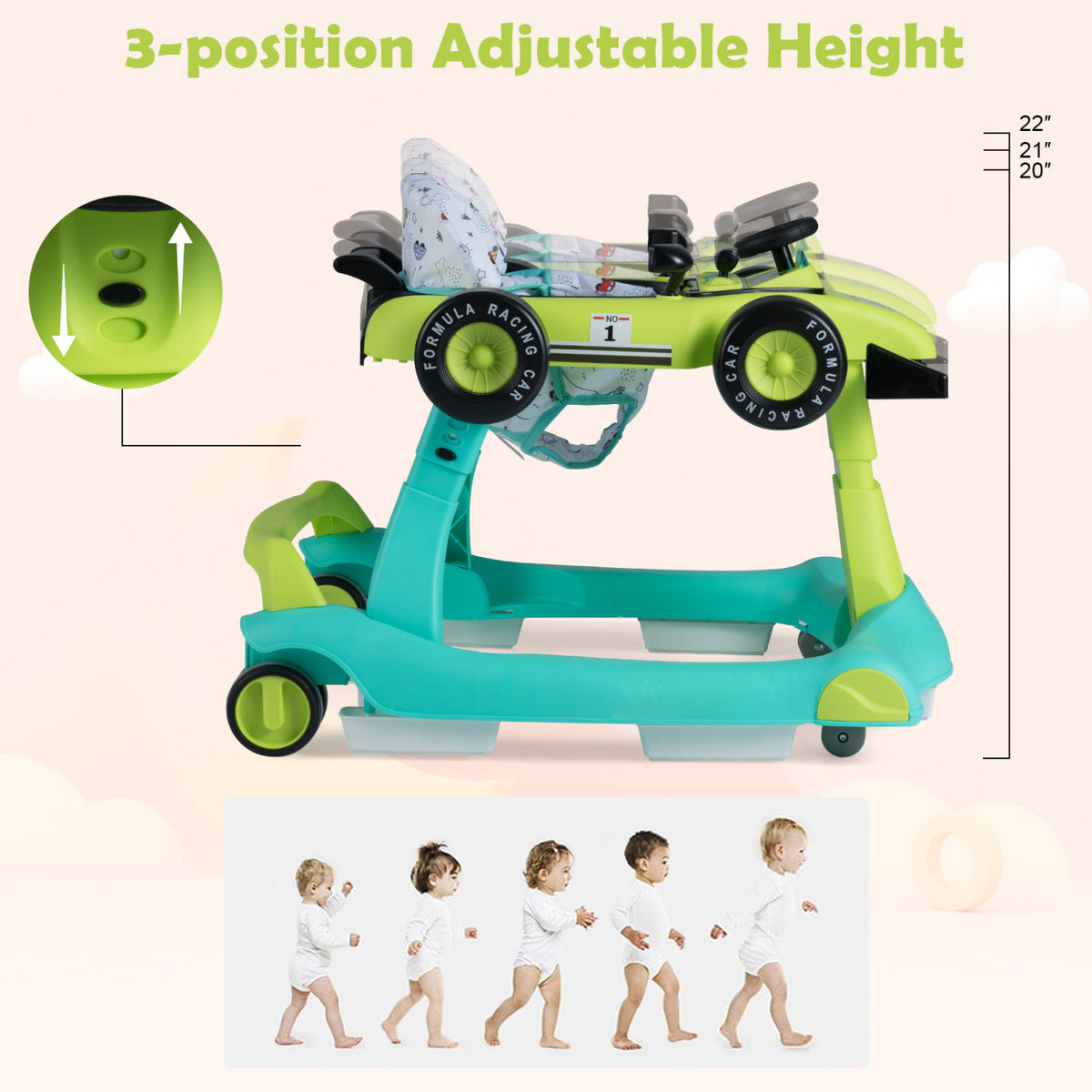 4-in-1 Baby Push Walker with Adjustable Height & Foldable Design - Green