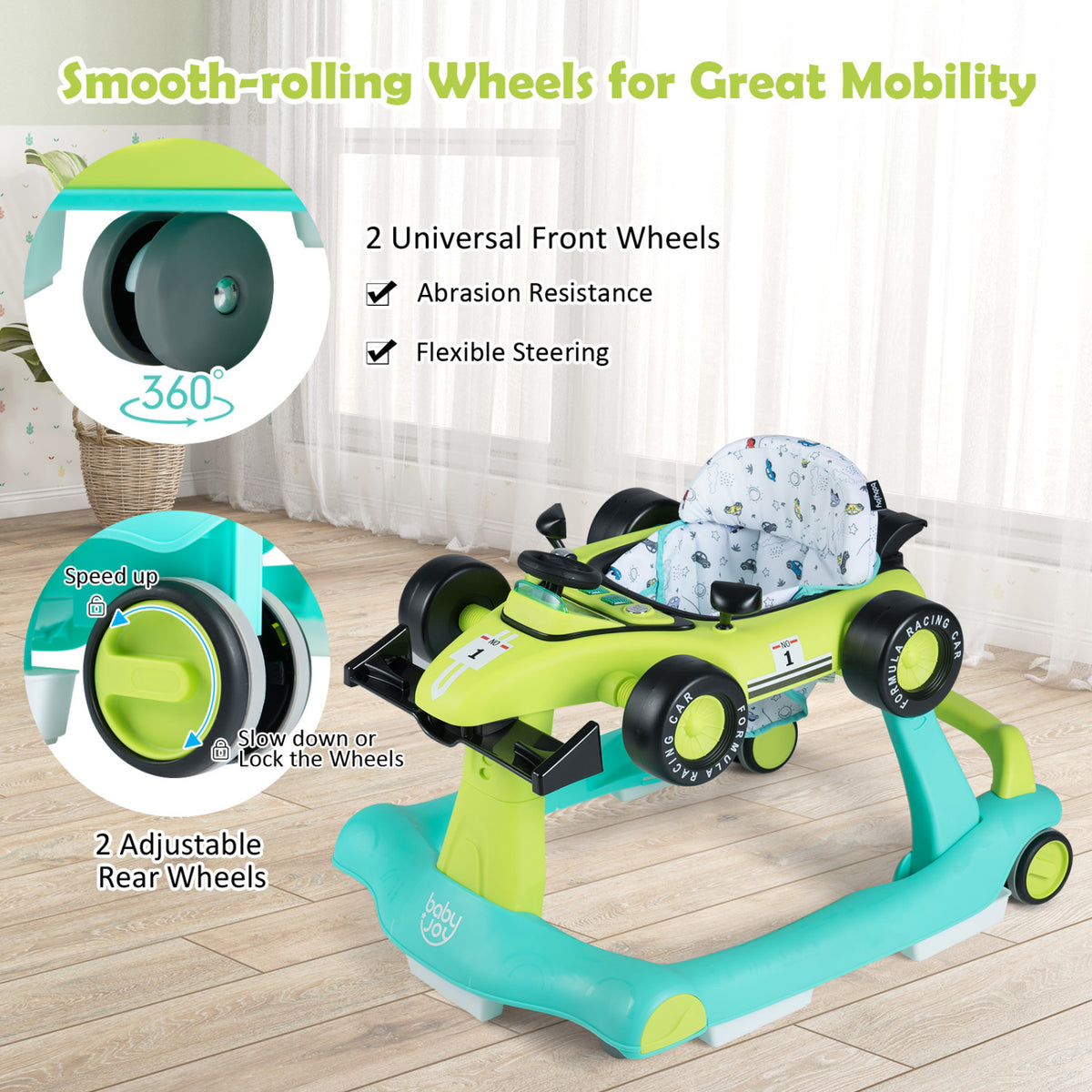 4-in-1 Baby Push Walker with Adjustable Height & Foldable Design - Green