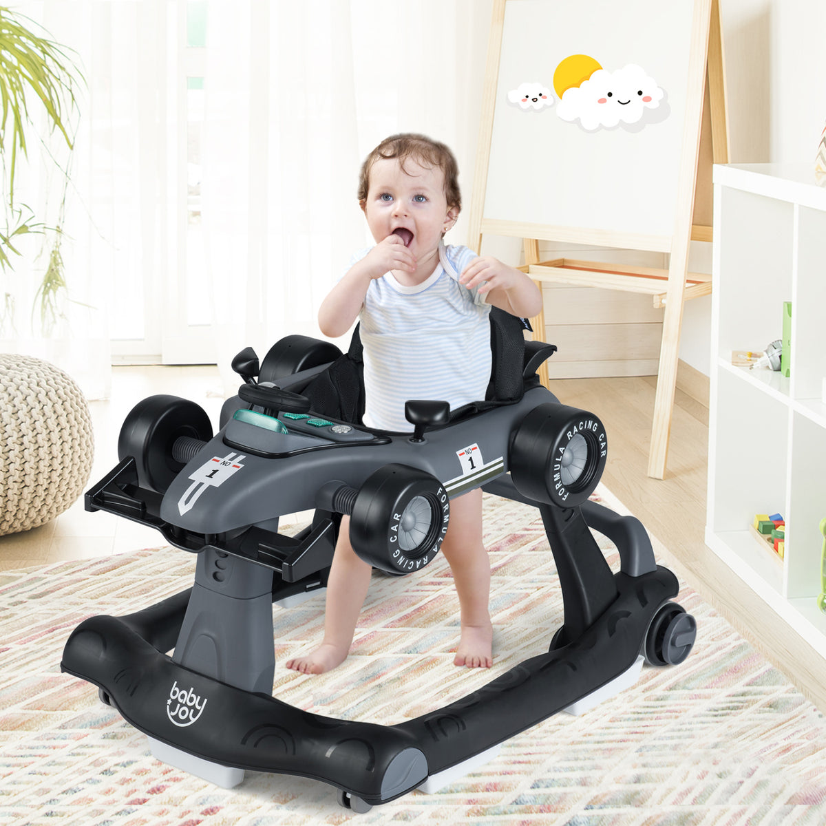 4-in-1 Baby Push Walker Gray with Adjustable Heights & Music Fun - Foldable