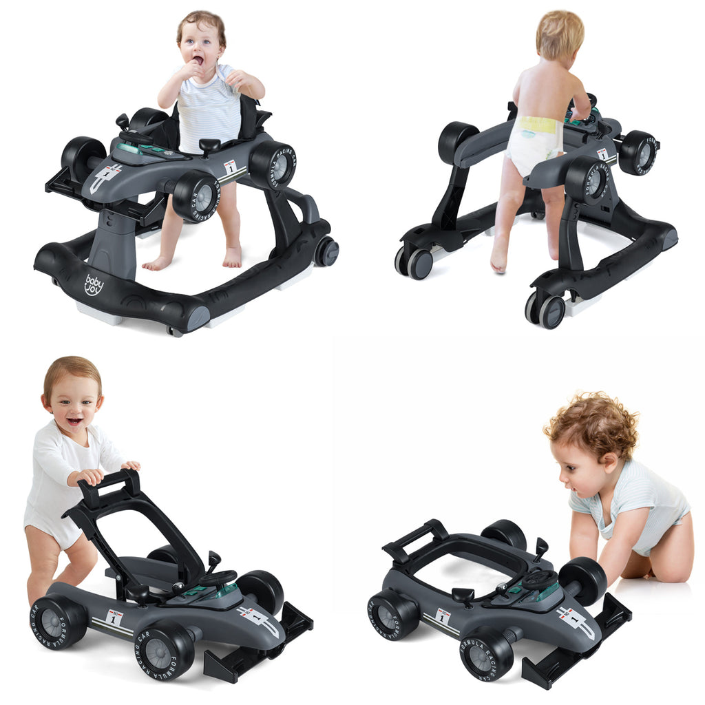 4-in-1 Baby Push Walker Gray with Adjustable Heights & Music Fun - Foldable