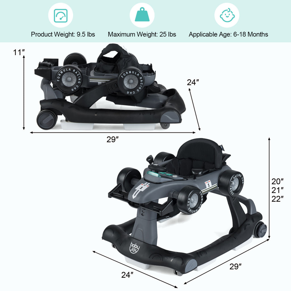 4-in-1 Baby Push Walker Gray with Adjustable Heights & Music Fun - Foldable
