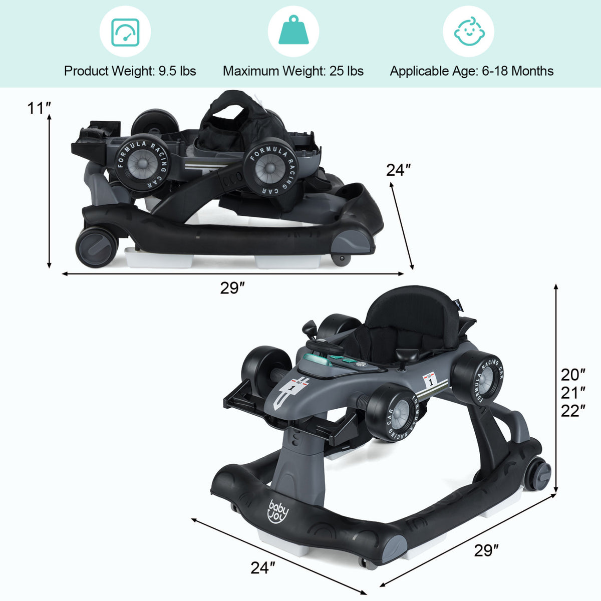 4-in-1 Baby Push Walker Gray with Adjustable Heights & Music Fun - Foldable