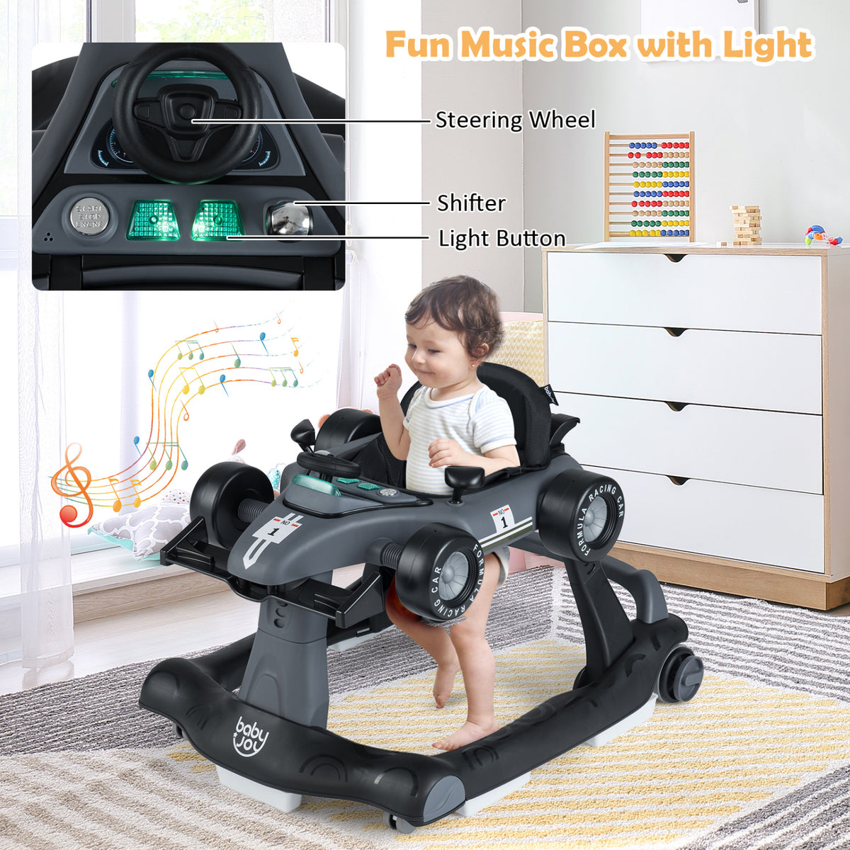 4-in-1 Baby Push Walker Gray with Adjustable Heights & Music Fun - Foldable