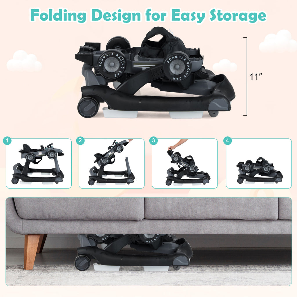 4-in-1 Baby Push Walker Gray with Adjustable Heights & Music Fun - Foldable