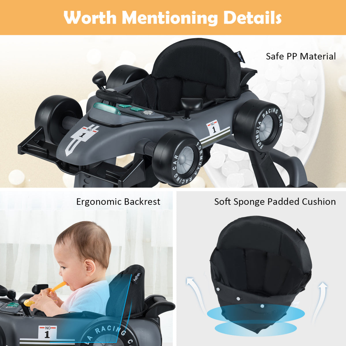 4-in-1 Baby Push Walker Gray with Adjustable Heights & Music Fun - Foldable