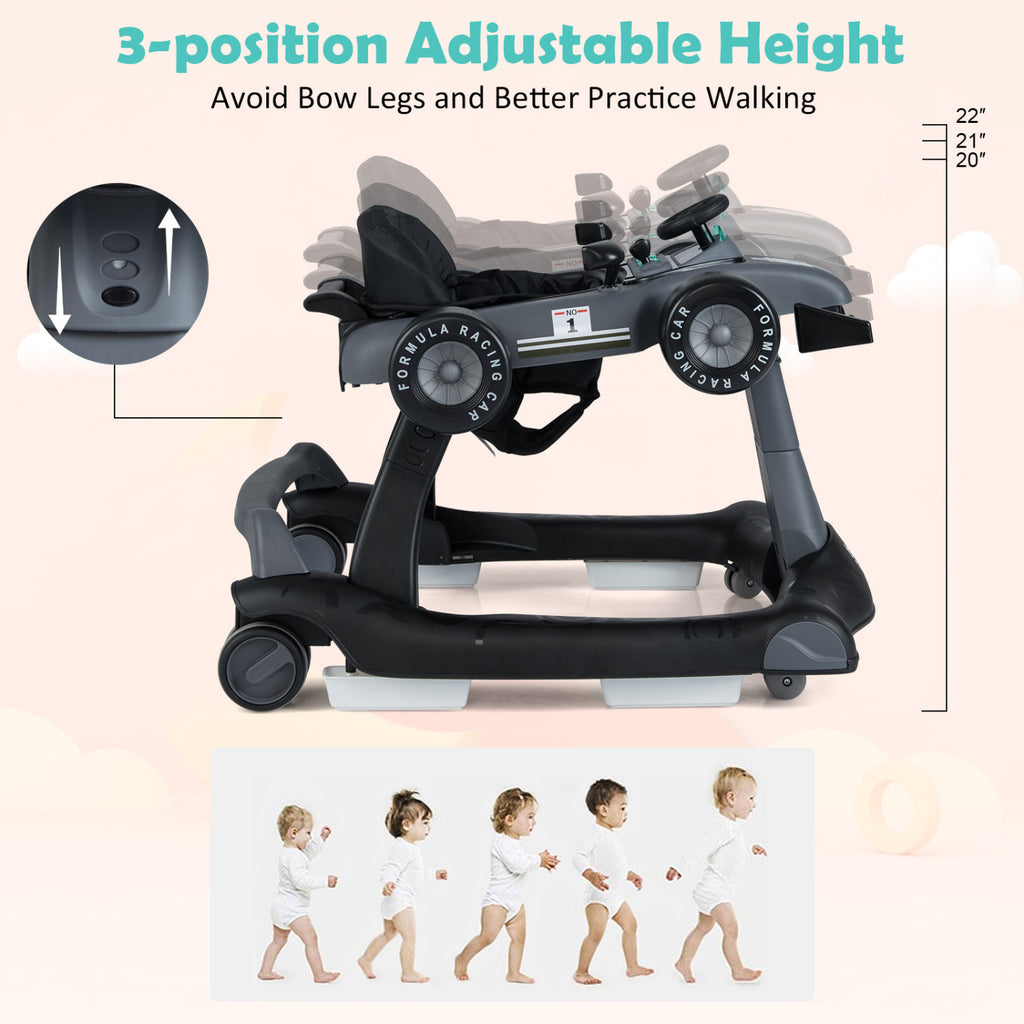 4-in-1 Baby Push Walker Gray with Adjustable Heights & Music Fun - Foldable