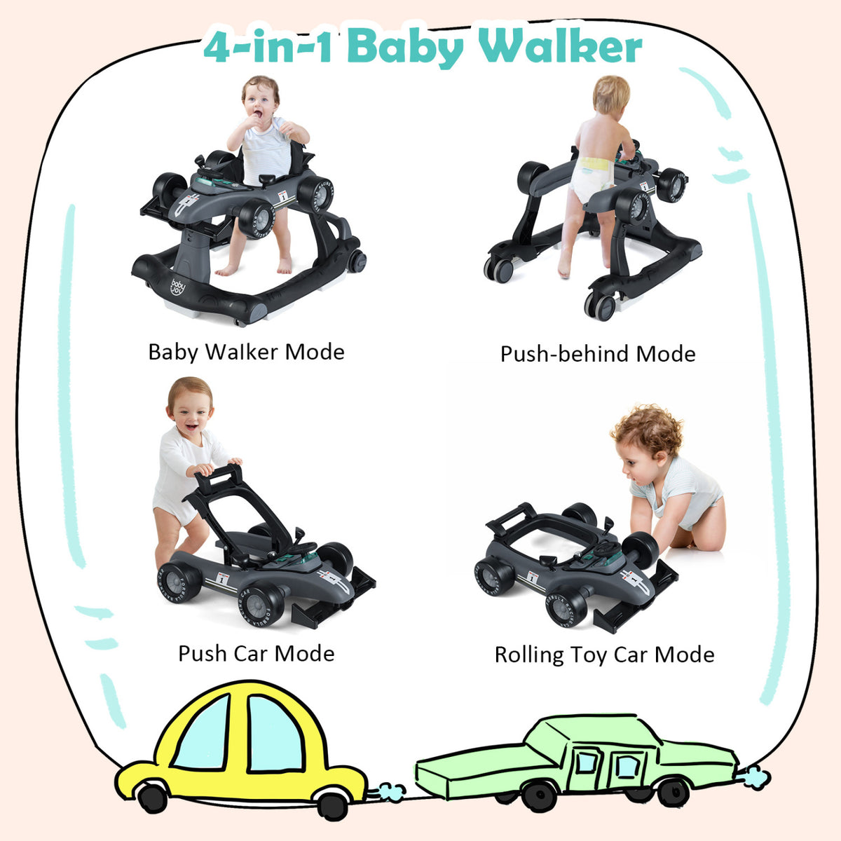 4-in-1 Baby Push Walker Gray with Adjustable Heights & Music Fun - Foldable