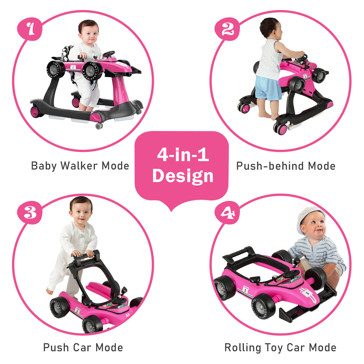 4-in-1 Baby Push Walker with Adjustable Height & Pink Variation