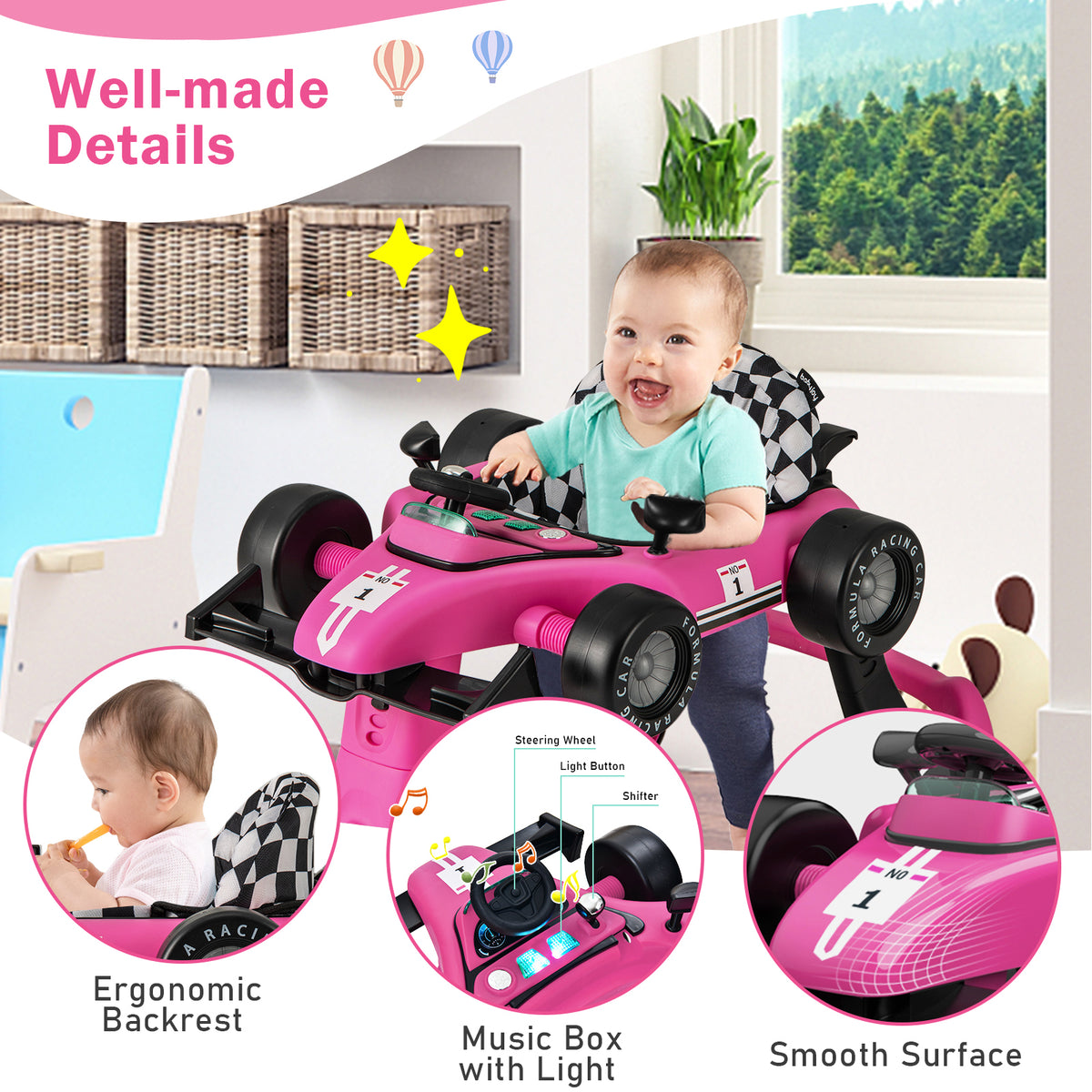 4-in-1 Baby Push Walker with Adjustable Height & Pink Variation