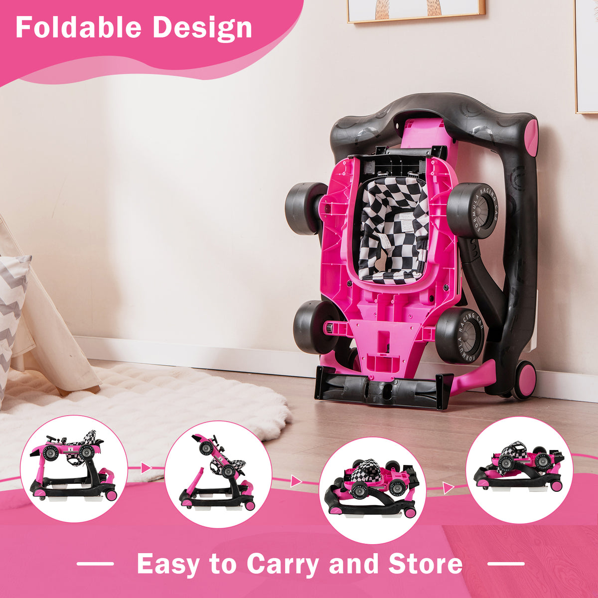 4-in-1 Baby Push Walker with Adjustable Height & Pink Variation