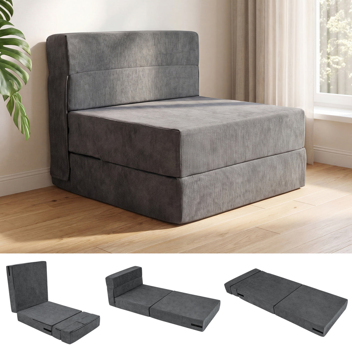 4-in-1 Folding Sofa Bed with Corduroy Cover, Gray