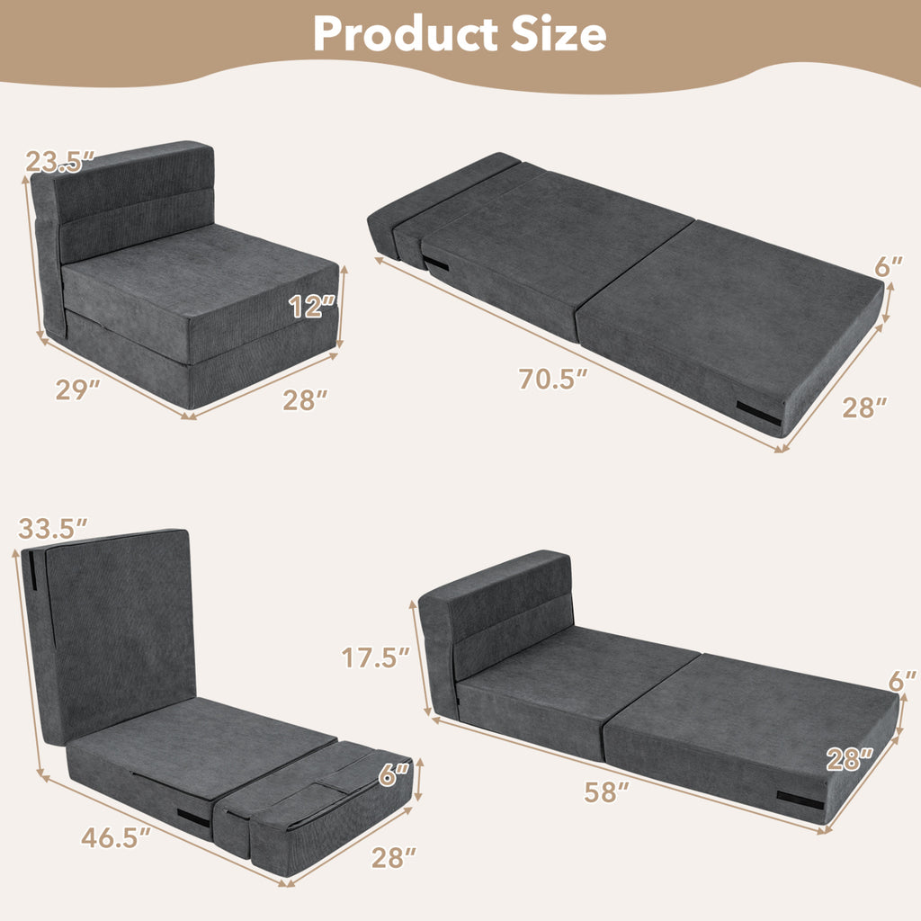 4-in-1 Folding Sofa Bed with Corduroy Cover, Gray