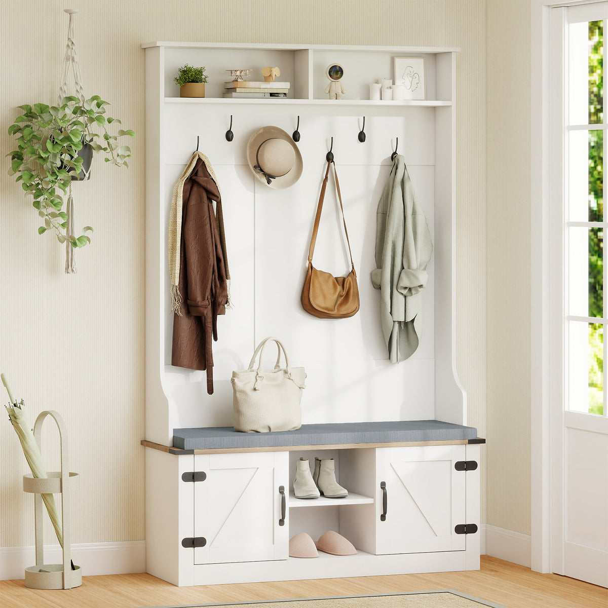 4-in-1 68.5 Inch Tall Coat Rack with Cushioned Bench and Shoe Storage