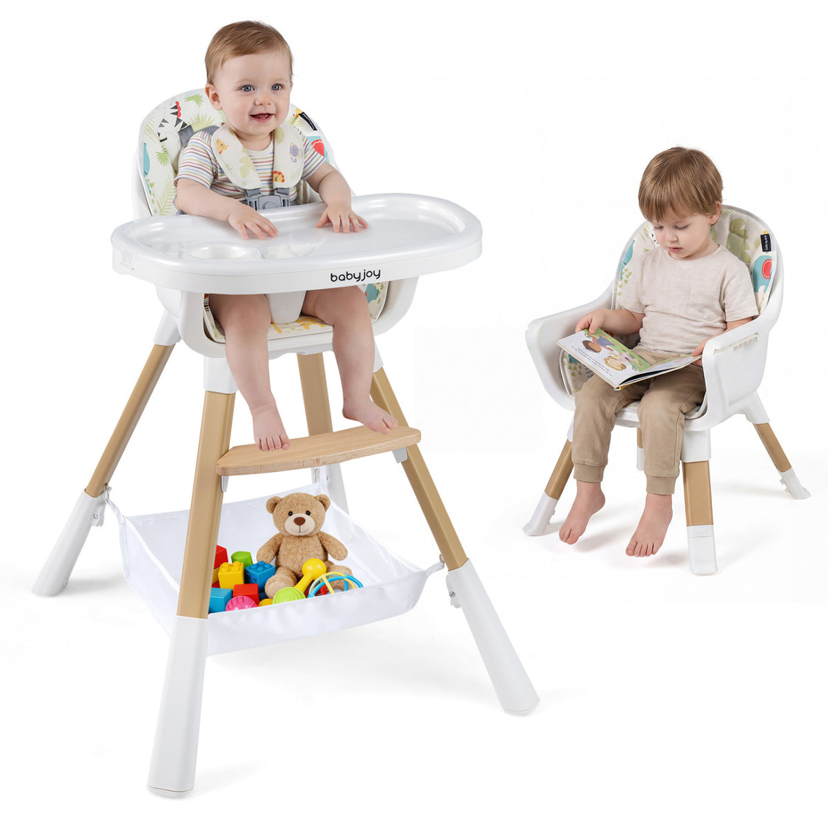 4-in-1 Convertible Baby High Chair with Adjustable Tray and Sturdy Wooden Legs - Multicolor (Variation: High Chair + Dining Chair + Standalone Chair)
