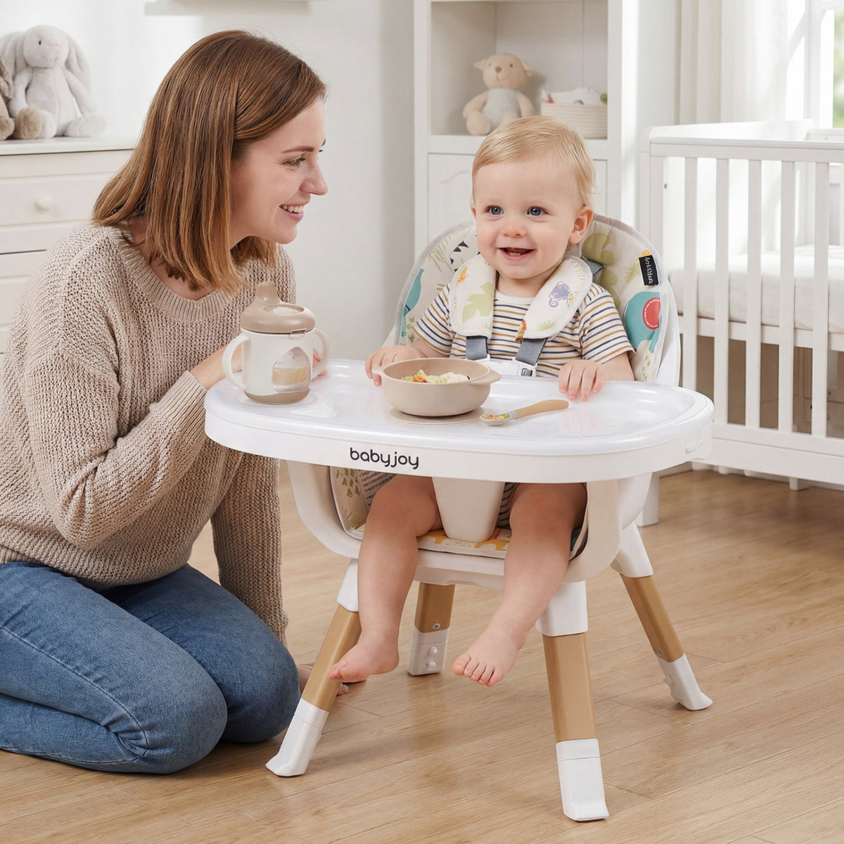 4-in-1 Convertible Baby High Chair with Adjustable Tray and Sturdy Wooden Legs - Multicolor (Variation: High Chair + Dining Chair + Standalone Chair)