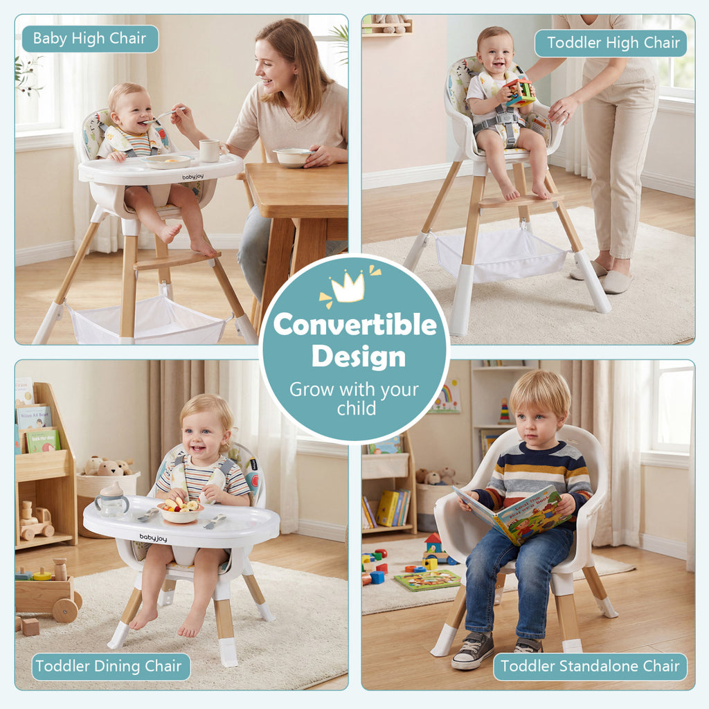4-in-1 Convertible Baby High Chair with Adjustable Tray and Sturdy Wooden Legs - Multicolor (Variation: High Chair + Dining Chair + Standalone Chair)