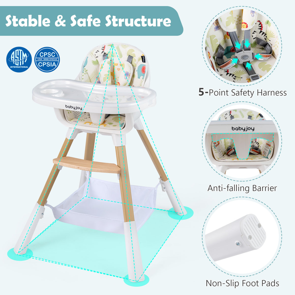 4-in-1 Convertible Baby High Chair with Adjustable Tray and Sturdy Wooden Legs - Multicolor (Variation: High Chair + Dining Chair + Standalone Chair)