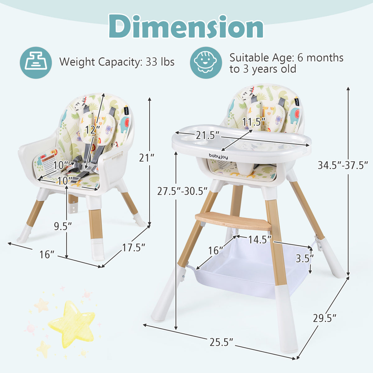 4-in-1 Convertible Baby High Chair with Adjustable Tray and Sturdy Wooden Legs - Multicolor (Variation: High Chair + Dining Chair + Standalone Chair)