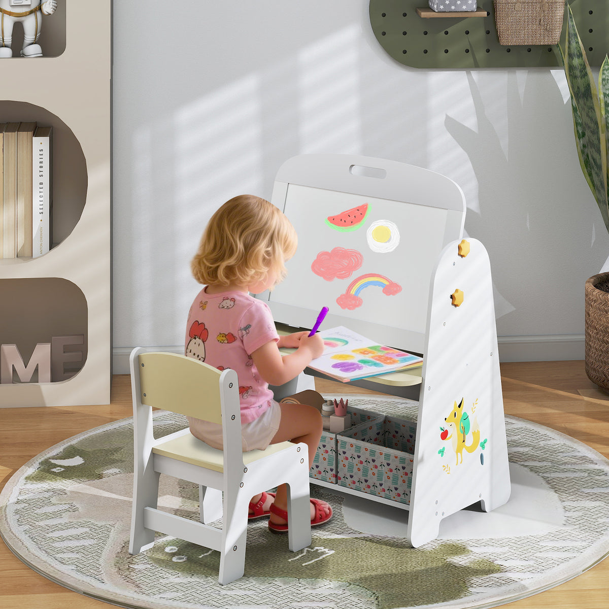 Kids 4-in-1 Table and Chair Set Art Easel with Whiteboard & Bookshelf - Natural