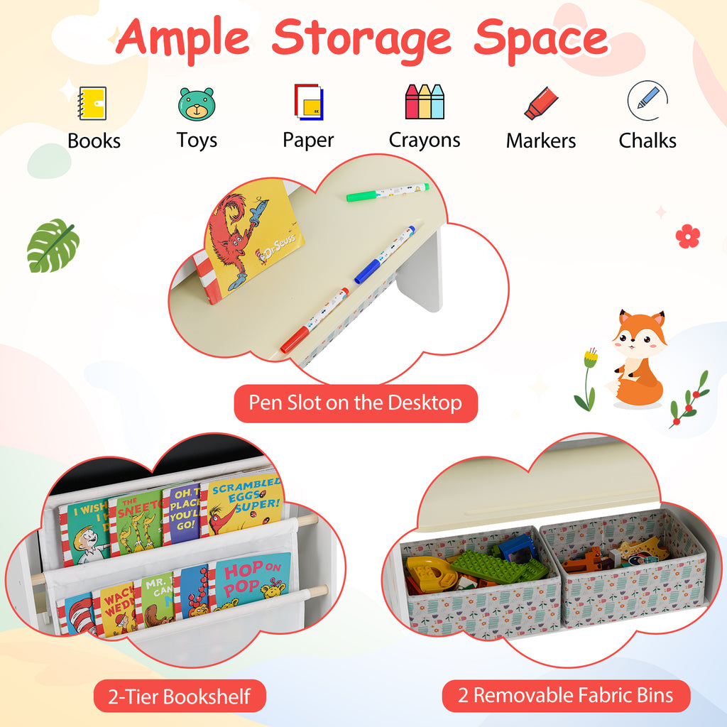 Kids 4-in-1 Table and Chair Set Art Easel with Whiteboard & Bookshelf - Natural