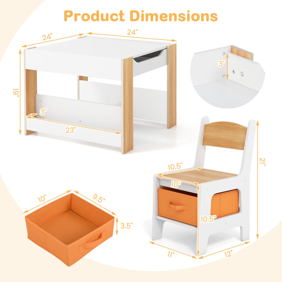 Kids Activity Table and Chairs Set - Reversible Whiteboard & Toy Storage, Natural