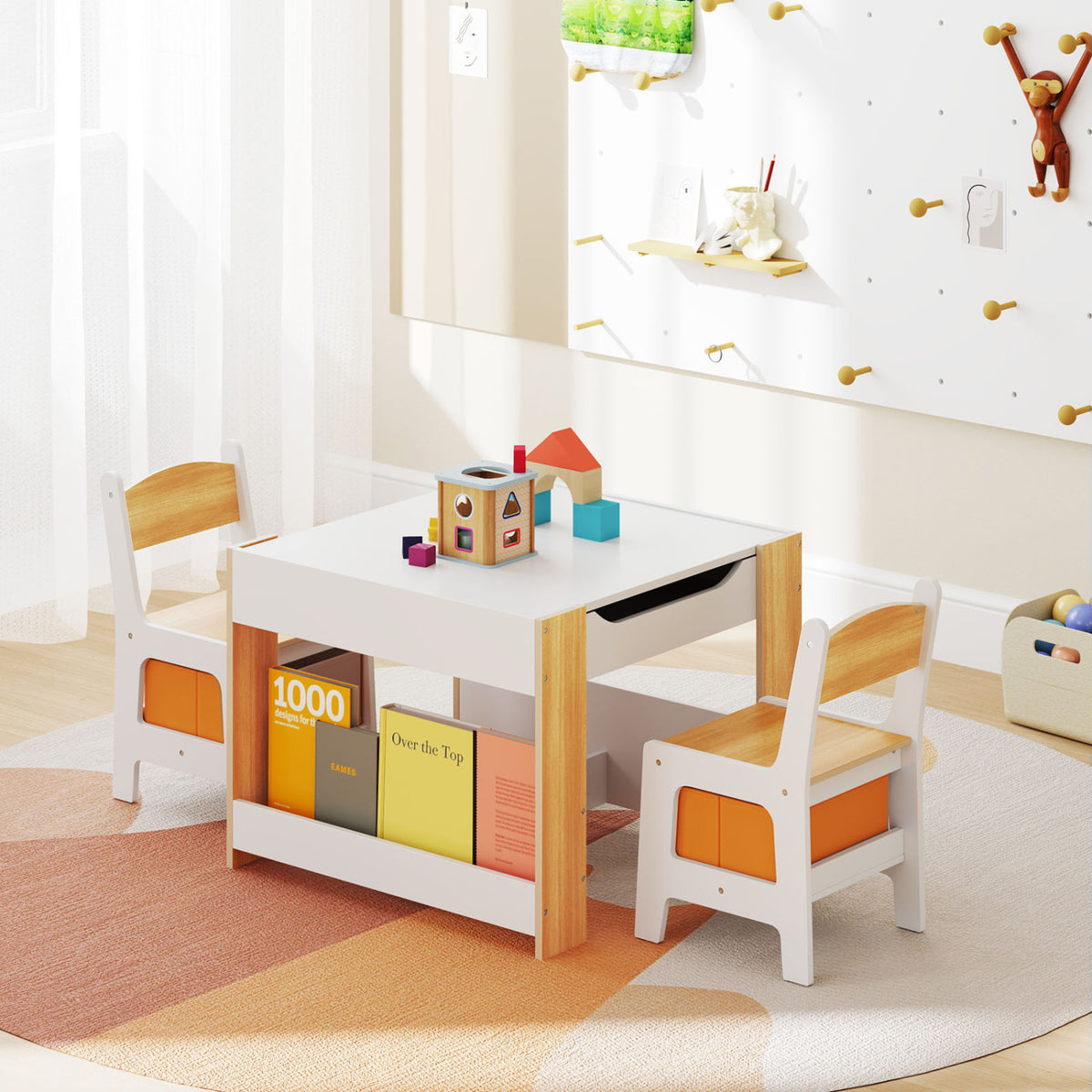 Kids Activity Table and Chairs Set - Reversible Whiteboard & Toy Storage, Natural