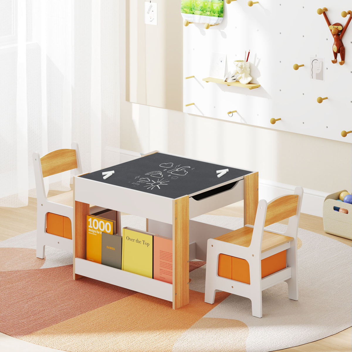 Kids Activity Table and Chairs Set - Reversible Whiteboard & Toy Storage, Natural