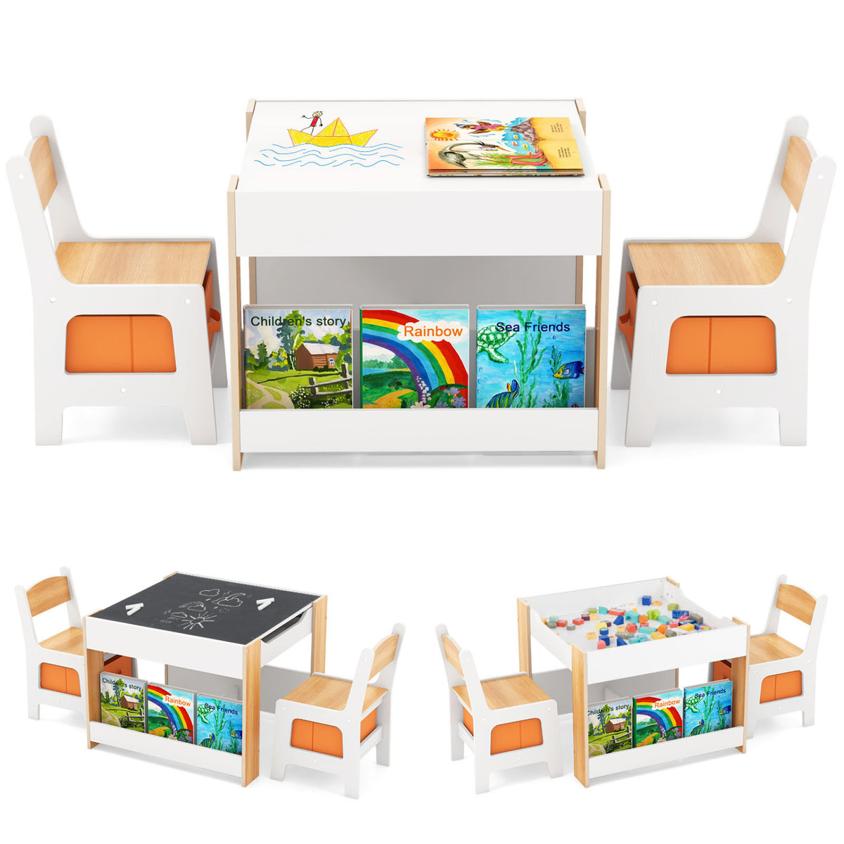 Kids Activity Table and Chairs Set - Reversible Whiteboard & Toy Storage, Natural