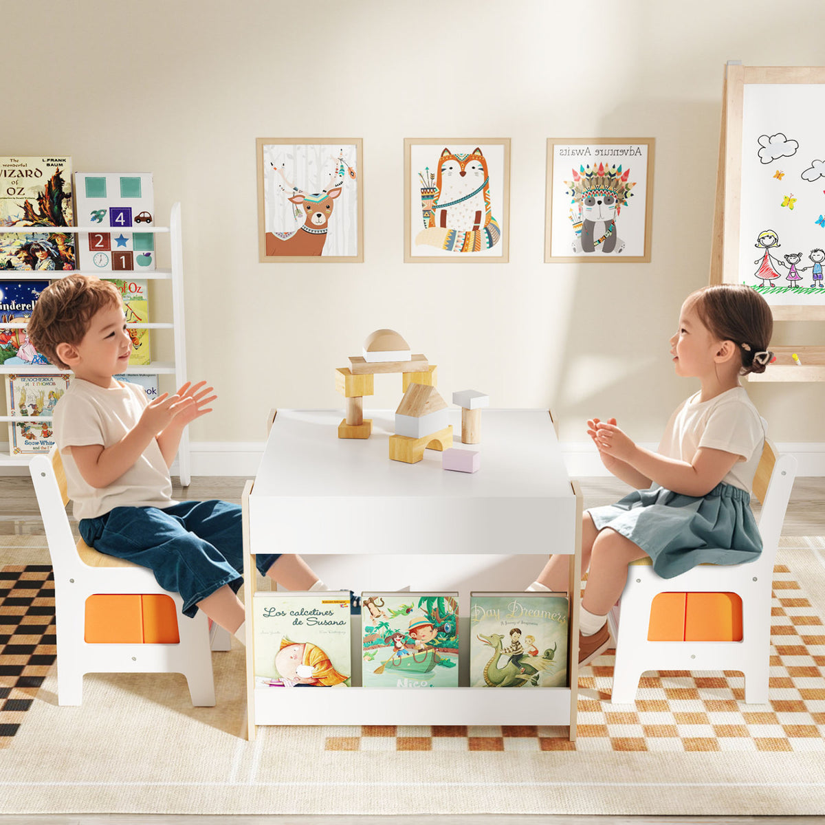 Kids Activity Table and Chairs Set - Reversible Whiteboard & Toy Storage, Natural