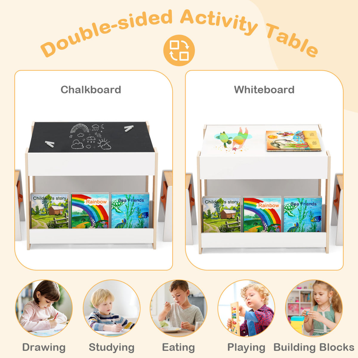 Kids Activity Table and Chairs Set - Reversible Whiteboard & Toy Storage, Natural