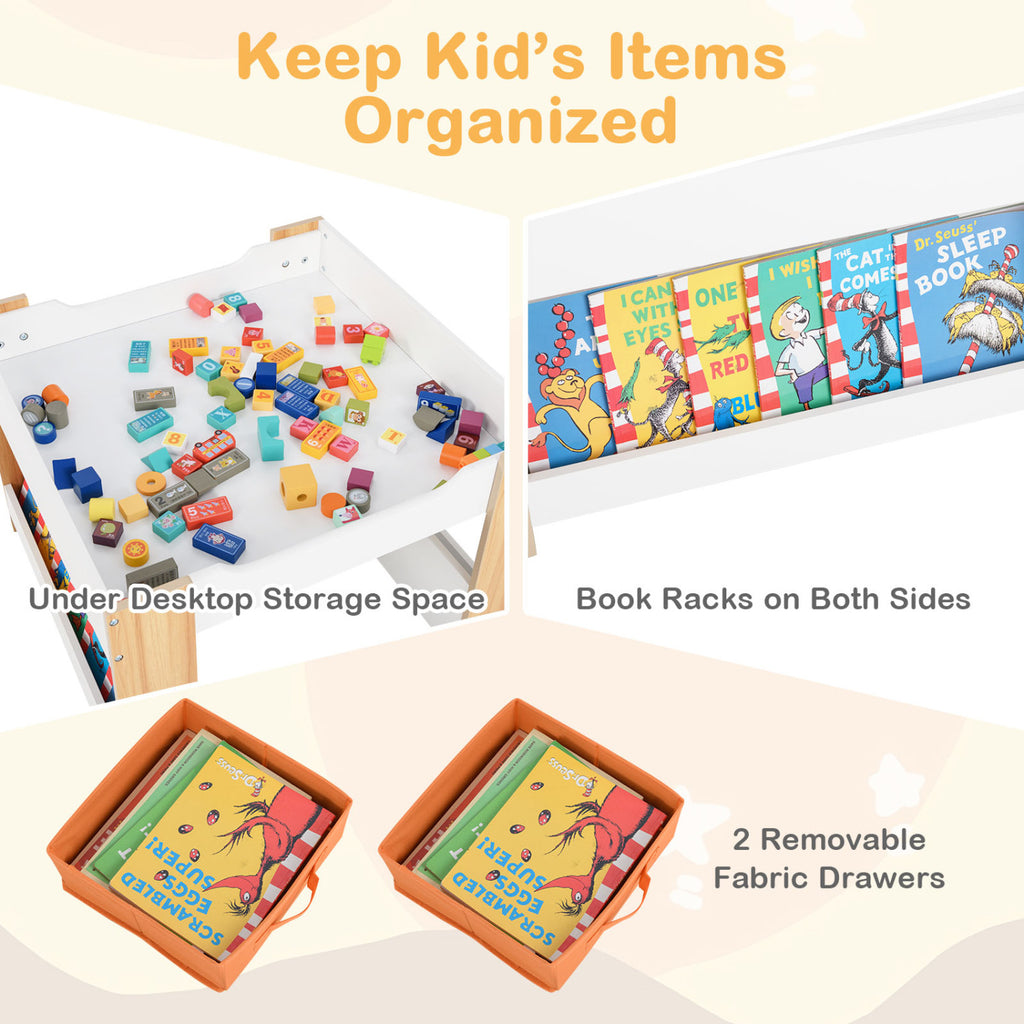 Kids Activity Table and Chairs Set - Reversible Whiteboard & Toy Storage, Natural