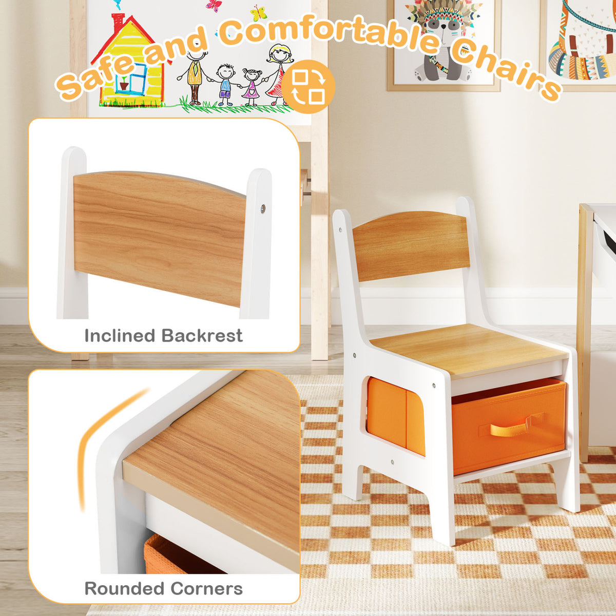 Kids Activity Table and Chairs Set - Reversible Whiteboard & Toy Storage, Natural