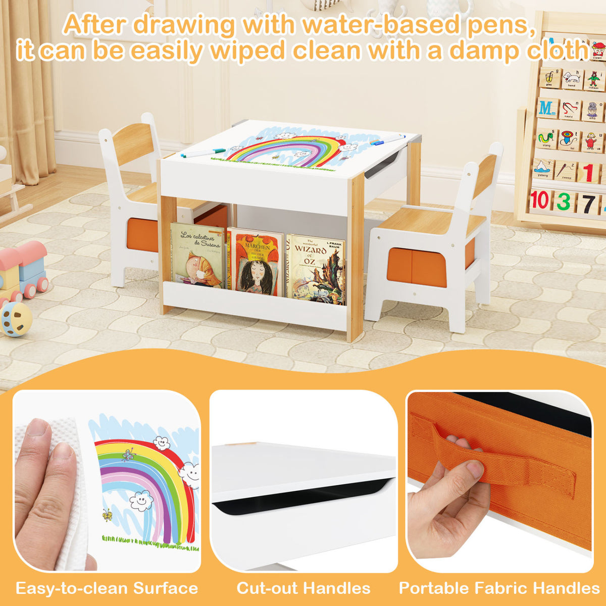 Kids Activity Table and Chairs Set - Reversible Whiteboard & Toy Storage, Natural