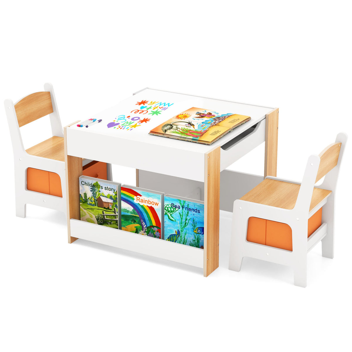 Kids Activity Table and Chairs Set - Reversible Whiteboard & Toy Storage, Natural