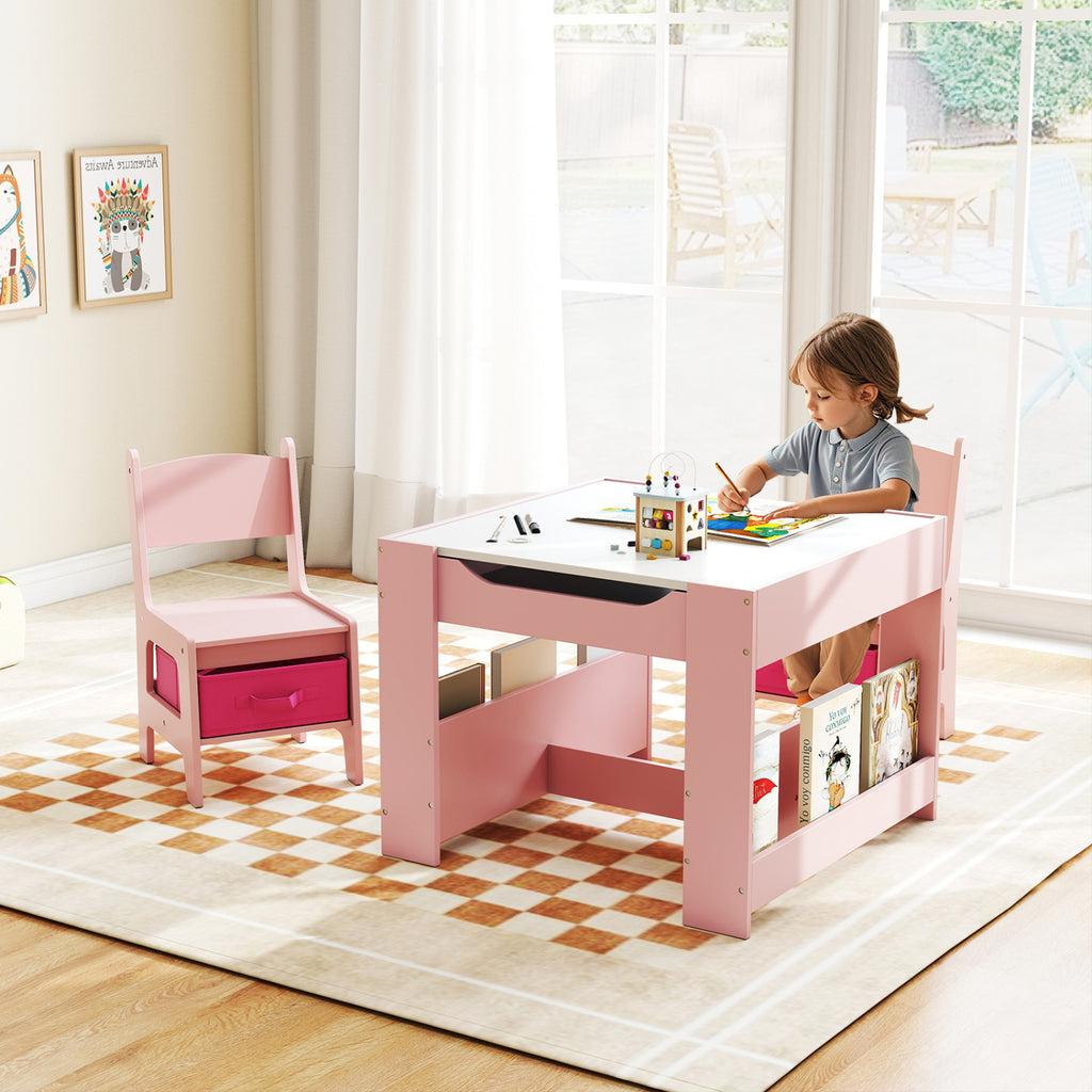 Kids Activity Table and Chairs Set with Reversible Whiteboard & Blackboard - Pink + Whiteboard