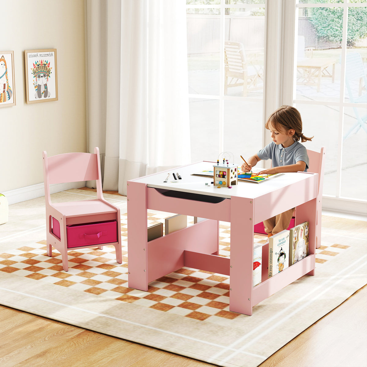 Kids Activity Table and Chairs Set with Reversible Whiteboard & Blackboard - Pink + Whiteboard