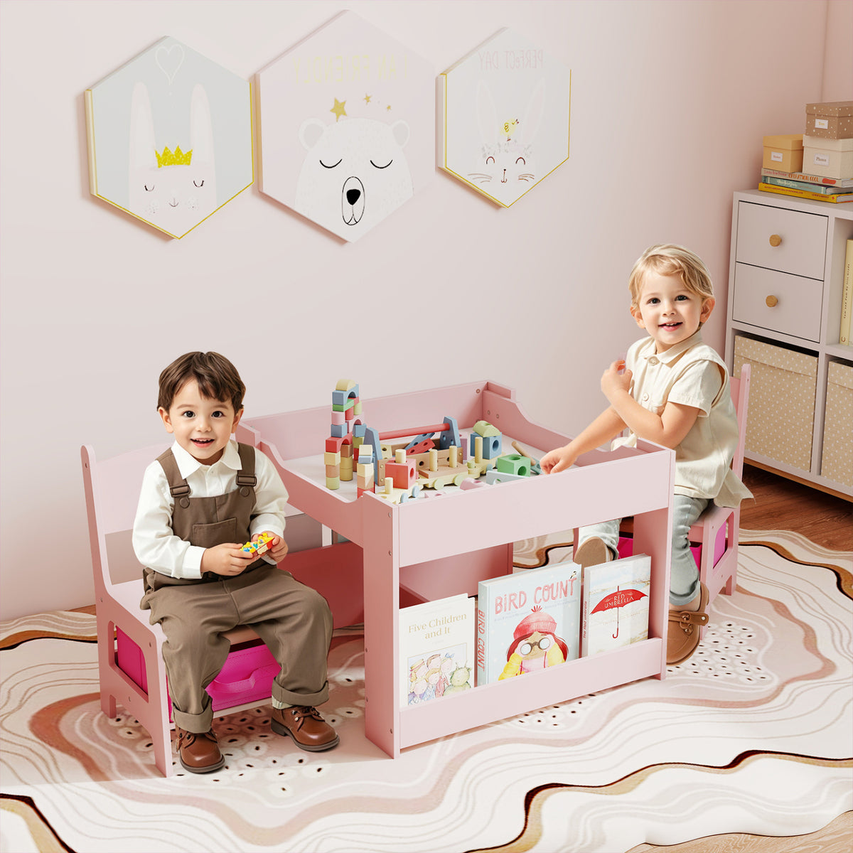 Kids Activity Table and Chairs Set with Reversible Whiteboard & Blackboard - Pink + Whiteboard