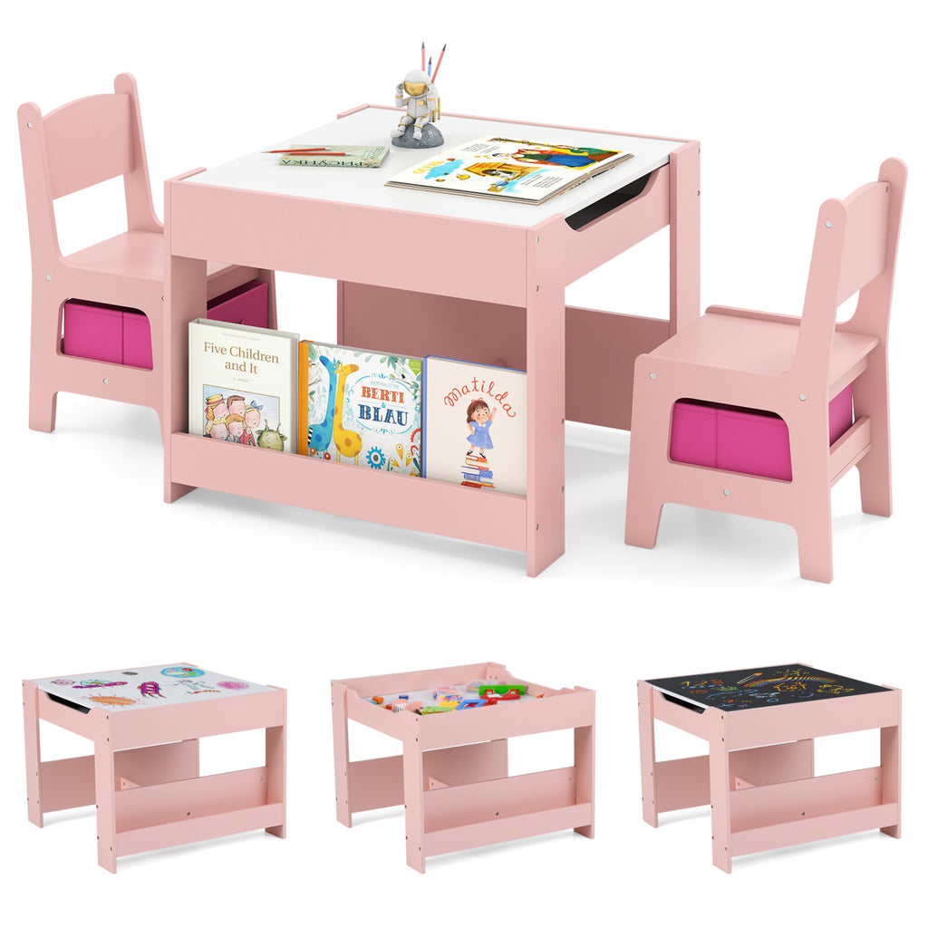 Kids Activity Table and Chairs Set with Reversible Whiteboard & Blackboard - Pink + Whiteboard